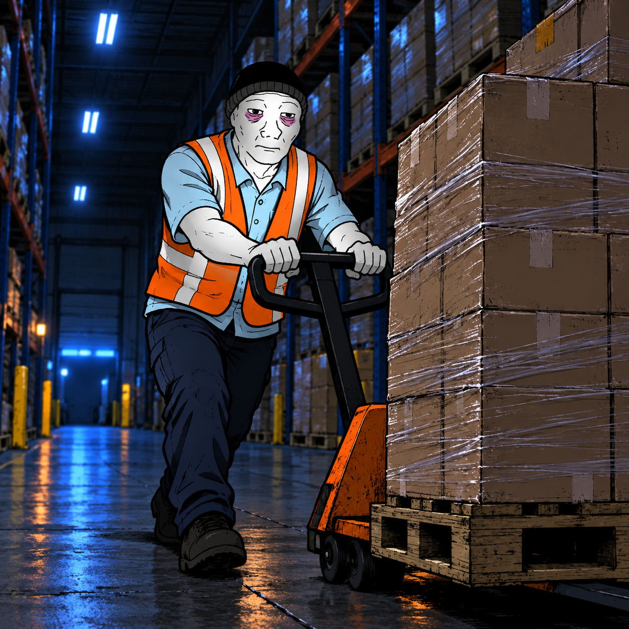 Employim pushing a loaded pallet jack down the aisle