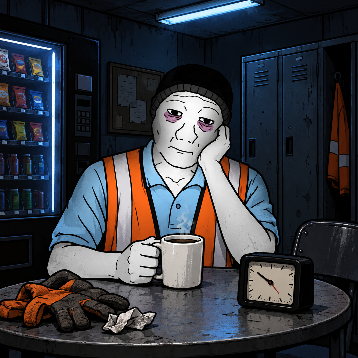 Employim resting in the break room with cold coffee