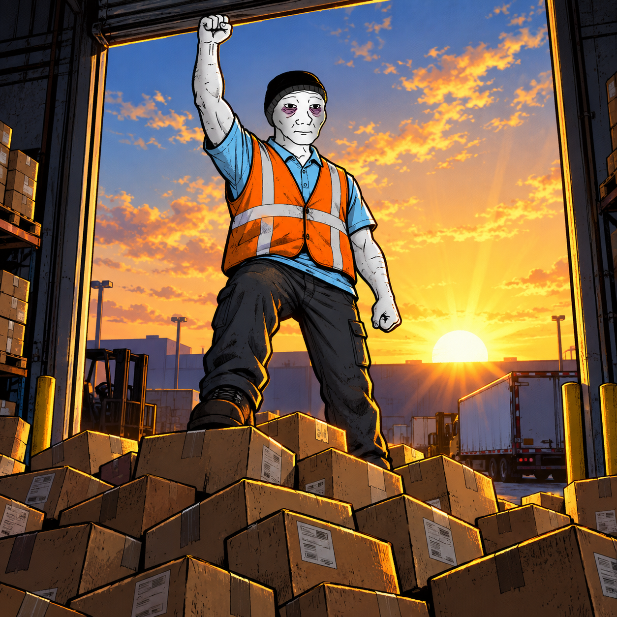 Employim raising a fist on top of a stack of boxes at sunrise